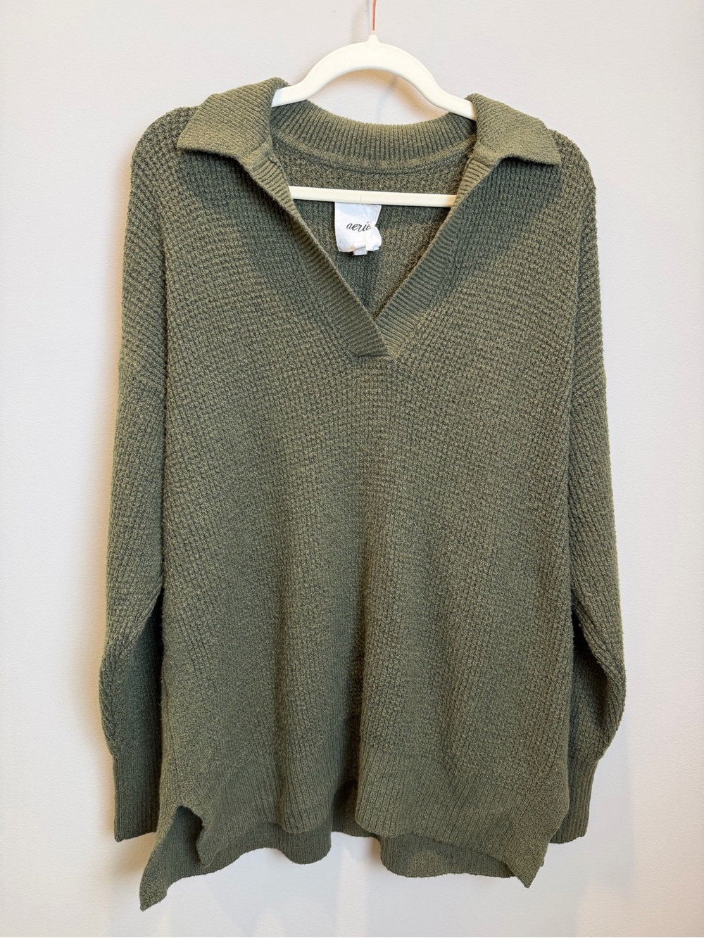 Aerie Olive Green Oversized Knit Collared Sweater Pullover